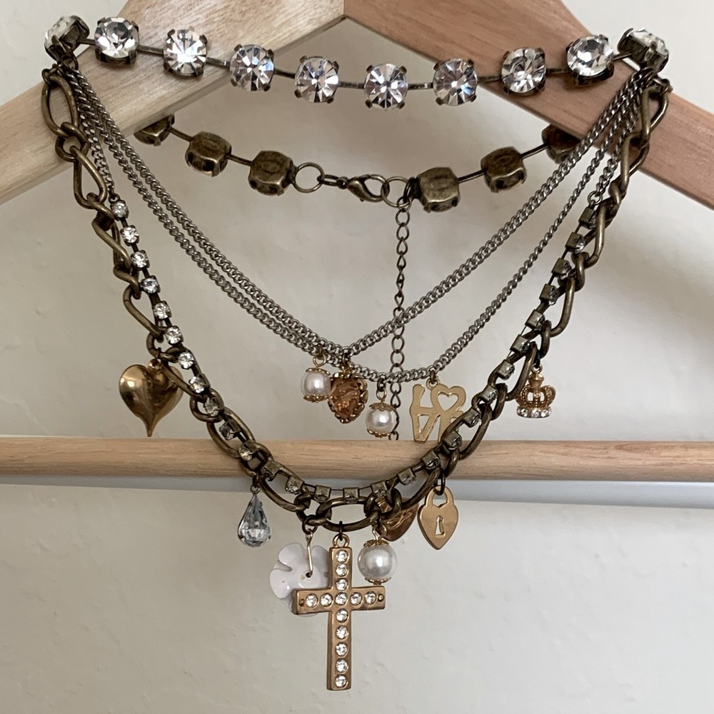 Vintage Betsey Johnson Gold and Silver Layered Charm Necklace.